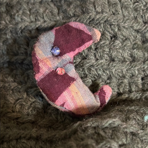 Plaid Fabric Moon Brooch with Rhinestones - Picture 1 of 3